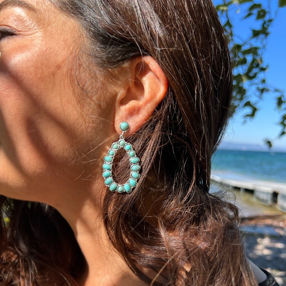 Blue Stone Chandelier Earrings Boho Western Cowgirl Silver Drop Dangle 2” NWT
